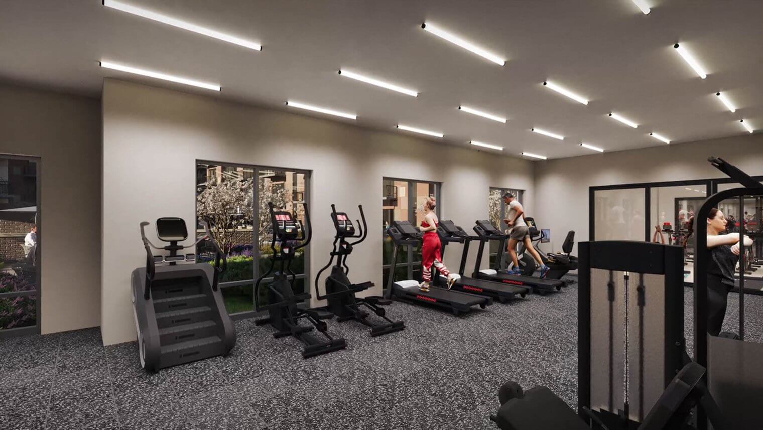 the fitness center at the apartments in skokie