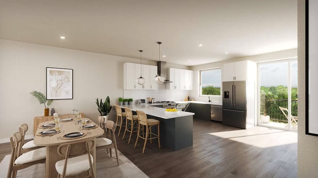 kitchen area at the pet friendly townhomes near chicago for rent